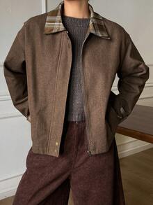 DAZY 女士格子拼接宽松翻领长袖休闲街头复古秋冬牛仔外套 - 藍色 - 查看 3