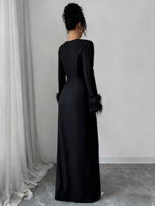 SHEIN Elenzya 优雅浪漫女士连衣裙，长袖，圆领，腰部收褶，鱼尾裙摆 - 黑色 - 查看 2