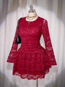 SHEIN ICON Vestido ceñido de manga larga con encaje para mujer de talla grande