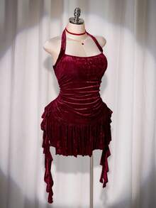 SHEIN ICON 大码女式荷叶边挂脖迷你连衣裙，秋冬 - 紅色 - 查看 6