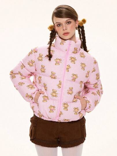 Kawaii Cappotto imbottito con vestibilità ampia e stampa a quadri con orsetto carino e dolce