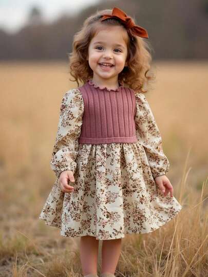 Emery Rose Kids Emery Rose Kids LUNE 花卉印花灯笼袖荷叶边连衣裙，法式花卉，仙女裙，田园风，秋冬