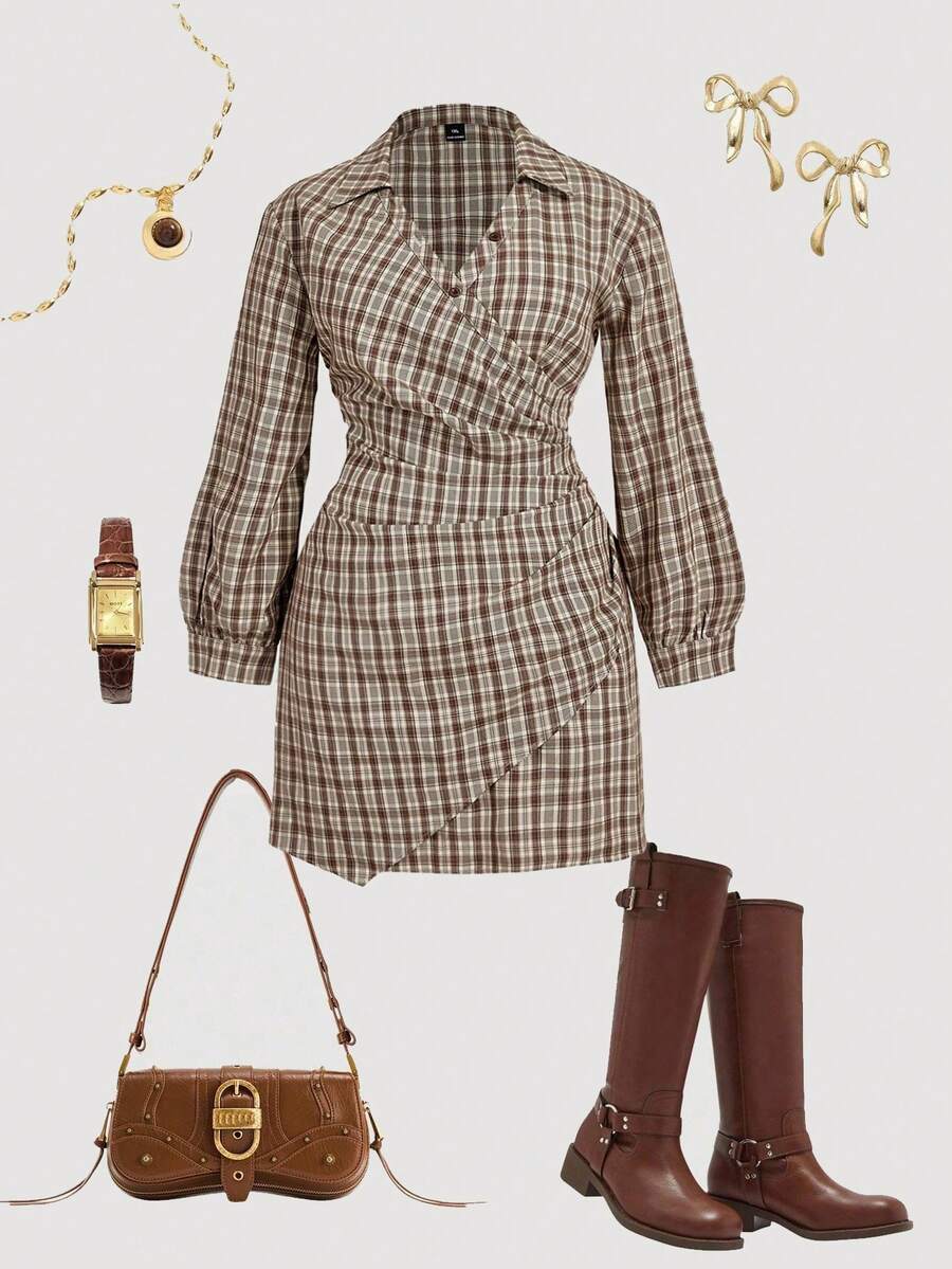 SHEIN MOD Plus Size Women's Plaid Print V-Neck Lantern Sleeve Ruched Fitted Mini Dress, Suitable For Work, School, Casual Wear, Fall Clothes For Women,Shirt Dress,Brown Plaid,Office Outfit,Long Sleeves,Fitted Waist/Winter