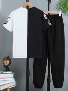 SHEIN Vacaura 青少年男孩臉部印花短袖t卹和運動長褲2件套裝