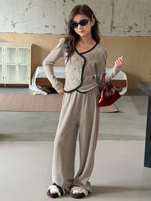 DAZY 少女撞色滚边双排扣上衣和阔腿裤套装