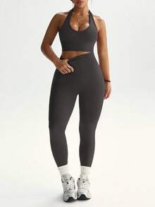 Easithlete Bộ đồ thể thao áo ba lỗ cổ yếm màu trơn cỡ lớn dành cho nữ và quần legging cạp cao - Màu xám đen - Xem 7