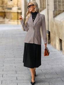 SHEIN Clasi Women's Fashion Casual Houndstooth Single-Breasted Blazer Fall Winter New Year Christmas