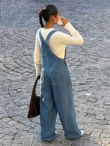 SHEIN EZwear Women's Fashion New Blue Striped Loose Women Denim Bib Pants For Going Out Outfits, Back To School, Streetwear,Y2K Clothes - Blue - View 2