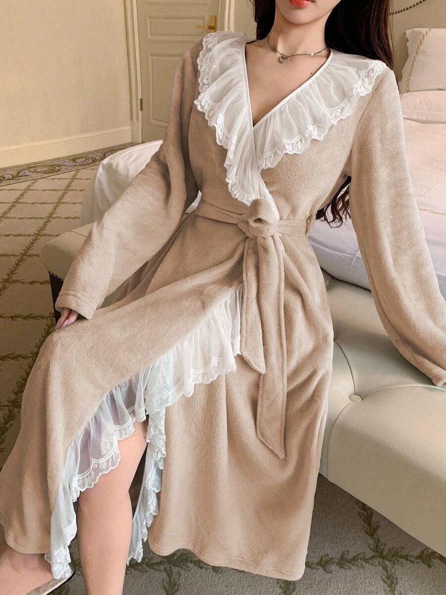DAZY Women's Long Plush Fluffy Lace Ruffle Hem Patchwork Bathrobe, Winter - Apricot - View 1