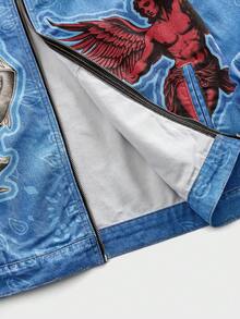 ROMWE MEN Street Life Men's Angel Letter Print Zip-Up Casual Long Sleeve Jacket - Blue - View 5