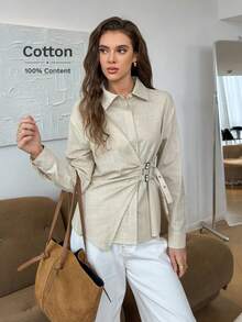 Easowa Cămașă elegantă, lejeră, pentru femei, cu rever, nasturi în față, tiv asimetric, mânecă lungă, toamnă/iarnă - Caisă - Vizualizare 3