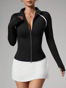 Dewbera Women's Autumn/Winter Color Block Striped Zipper Thumb Hole Fitted Jacket, Sporty Casual Everyday Sexy Tight Fitted Jacket, Tennis Yoga Jacket - Black - View 3