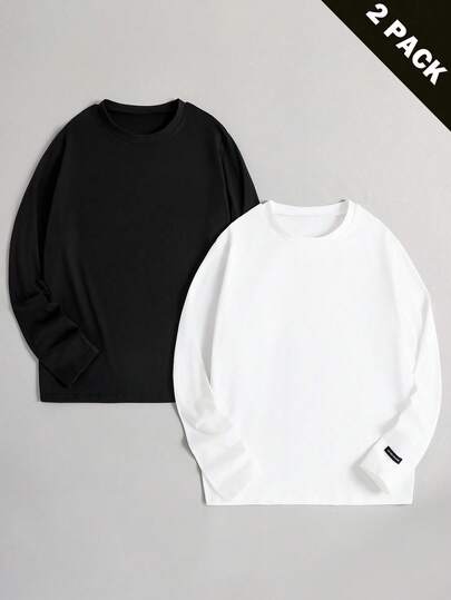Vacaura 2 件套男童纯色简约时尚圆领长袖 T 恤，黑白可选，面料舒适，颜色百搭，适合学校和休闲穿着，秋冬季