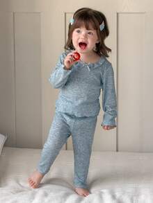 DAZY 2pcs Baby Girls Generous Collar Ruffle Bow Comfortable T-Shirt And Long Pants Pajama Set - Blue - View 4