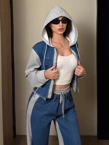 Jeanoix Women's Autumn Contrast Color Zipper Hooded Drawstring Casual Denim Jacket - Blue - View 7