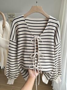 Comfortcana Plus Size Women Casual Striped Tie Front Loose Cardigan, Autumn/Winter,Fall Clothes For Women Striped Striped Knit Top Striped Sweater - Black - View 4