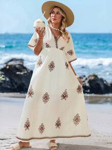 Sylviya Women's White And Brown Boho Summer Vacation Maxi Dress,Floral Print Cross V-Neck Sleeveless Flowy Sun Dresses,Holiday Beach Outfits,Country Concert - Multicolor - View 1