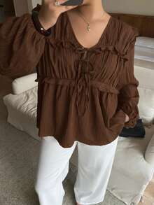 Dripcurv 大码女式纯色休闲系带上衣 - 棕色 - 查看 5