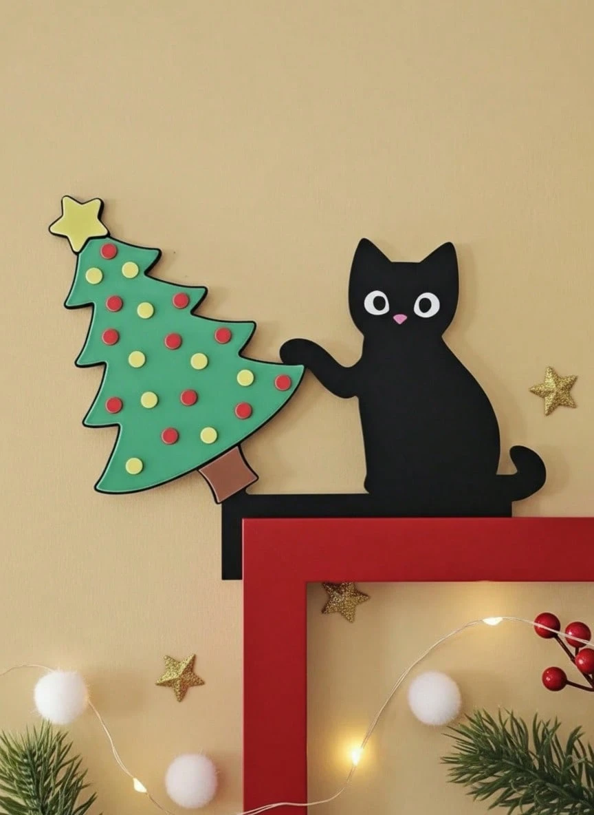 Joivida 1PC 2D Flat Christmas Door Corner Sign,Christmas Cat Door Corner Decor With Tree,Left & Right Designs Fireplace Mantel Decor Wood Frame Corner Decor, Festive Wall Accents For Indoor/Outdoor, Living Room, Bedroom, Office, 2D Flat - Multicolor - View 1