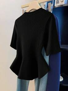 GlowEve CURVE Plus Size Women Elegant Solid Color Short Sleeve Peplum Hem Ribbed Knit Top - Black - View 2