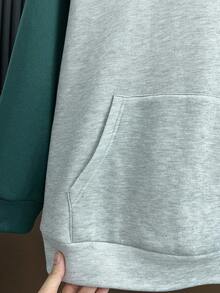 SHEIN Teen Boy Back To School Casual Everyday Contrast Color Pocket Raglan Sleeve Sweatshirt Two Tone Sweatshirt Green Sweatshirt Boys Jogging Green And Grey Color Blocking,In Fall/Winter - Multicolor - View 4