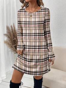 SHEIN LUNE Váy ngắn họa tiết kẻ caro nâu phong cách Anh cổ điển dành cho nữ, phù hợp cho mùa thu/đông, sang trọng cho các buổi hẹn hò, tiệc tùng, đi chơi và đi làm - Nhiều màu - Xem 6