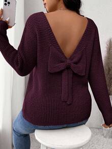 SHEIN Frenchy Suéter holgado de punto de gofre de unicolor con lazo decorativo en la espalda - Rojo violeta - Ver 1