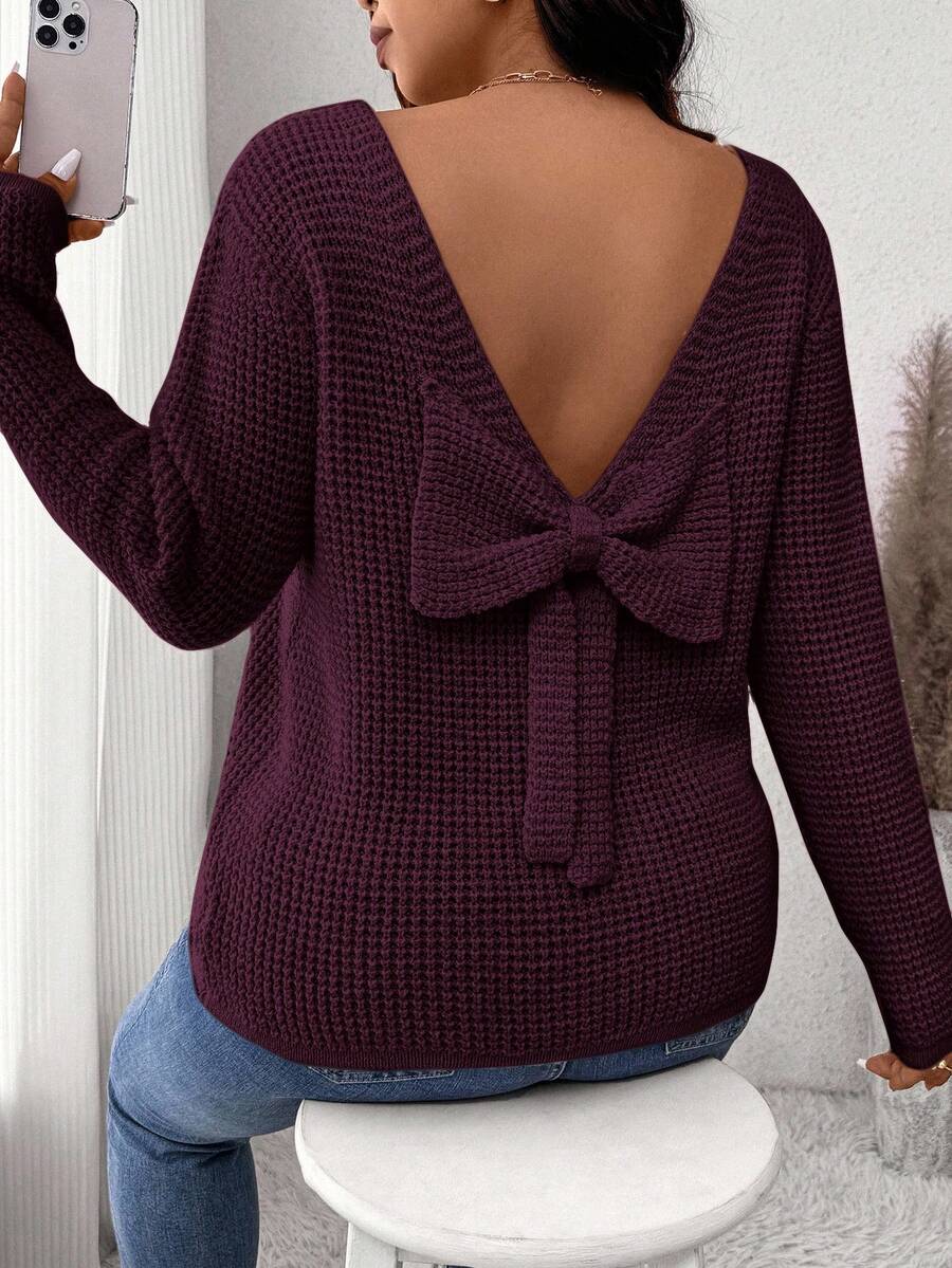 SHEIN Frenchy Suéter holgado de punto de gofre de unicolor con lazo decorativo en la espalda - Rojo violeta - Ver 1