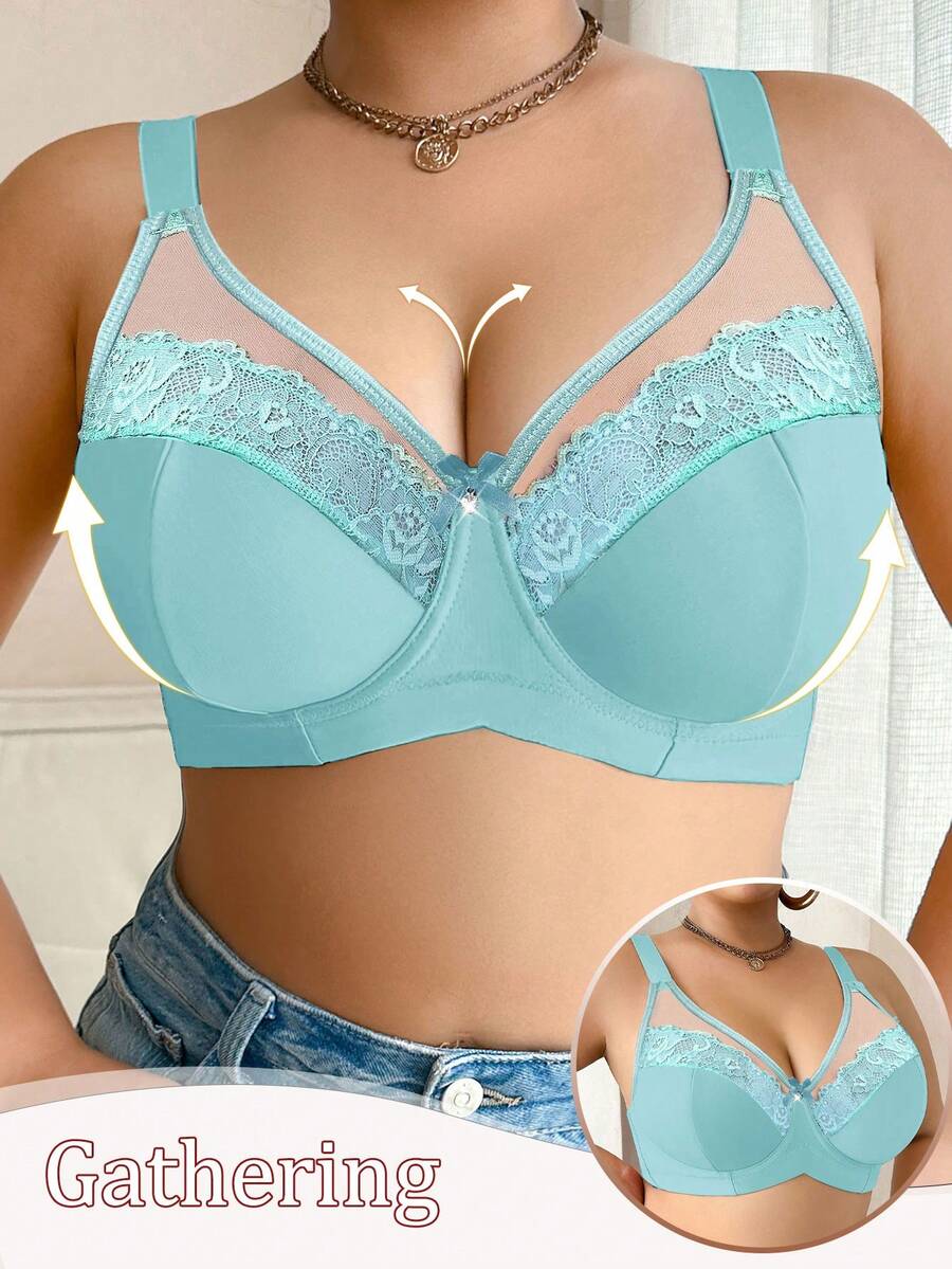 DesireSculpt 1 pièce Soutien-gorge avec armatures et empiècement en mesh pour femmes grande taille - Vert - Voir 1