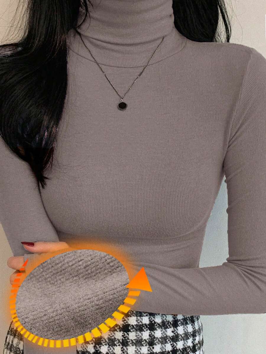 DAZY Women's High Neck Solid Color Long Sleeve Casual Fitted Base Layer T-Shirt - Grey - View 1