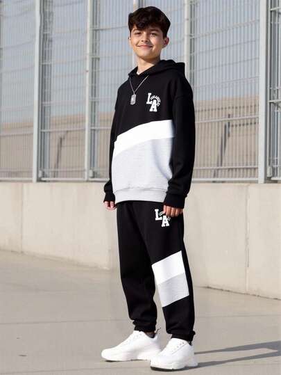Vacaura 2pcs/Set Teenage Boys' Black White Grey Color Block Sweatshirt And Sweatpants With LA Letter Print, Suitable For Autumn/Winter Outfits