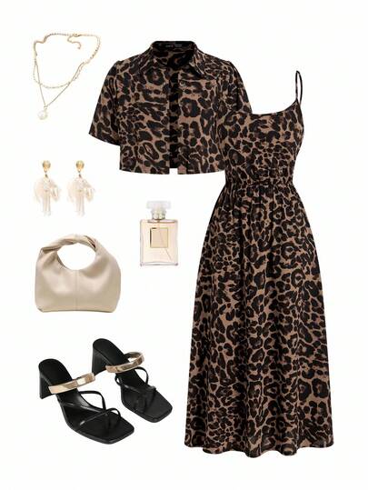 Ellevyn 加大码豹纹吊带连衣裙和短袖外套两件套