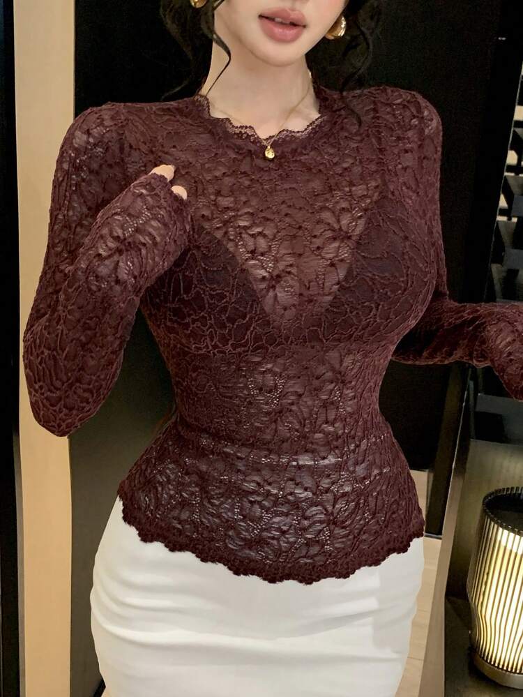 1pc Women's Solid Color Fitted Lace Undershirt, Elegant Long Sleeve Top For Autumn/Winter