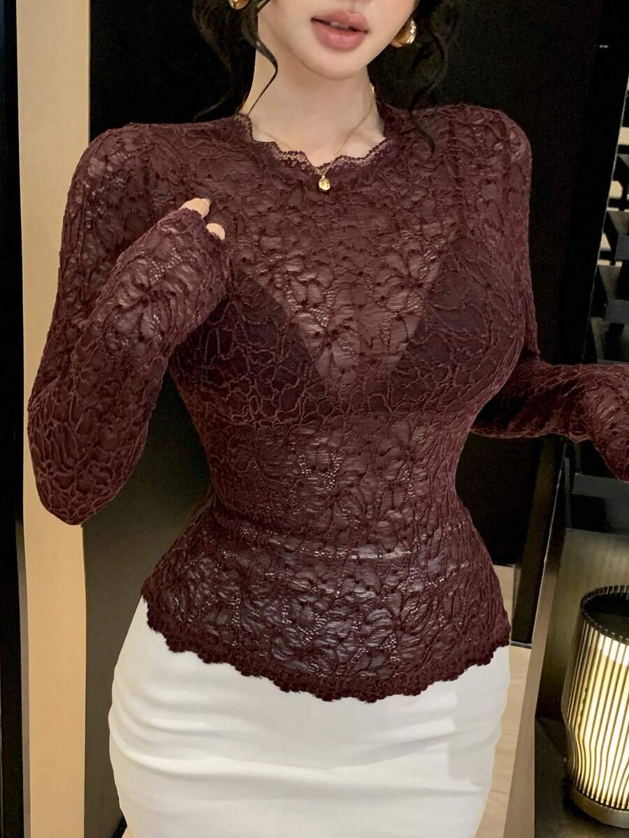 DAZY 1pc Women's Solid Color Fitted Lace Undershirt, Elegant Long Sleeve Top For Autumn/Winter - Brown - View 1