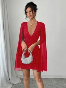 Elenzga Đầm ôm body tay rộng cổ chữ V gợi cảm dành cho nữ - Đỏ - Xem 3