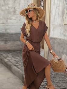 Brillora Spring/Summer Holiday Dresses, V-Neck, Half-Open Placket, Textured Fabric, Women's Short-Sleeved Loose Dresses, Summer Beach Dresses, Back-To-School Outfits, Very Simple Outfits, Women's Country Style Clothing, Office Wear, Old-Fashioned Style, Teacher's Outfits, Date Outfits, Graduation Season Dresses, Women's Dresses, Casual Spring/Summer Dresses, Brown Dresses. - Brown - View 5