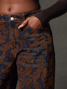 NYA SZN 高腰直筒牛仔裤，棕色蓝色印花，节日冬季假日圣诞节新年夜街头派对活动奢华金属色女装 - 深色水洗藍 - 查看 6