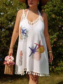 Swim Vcay Plus Size Women Starfish Print Sleeveless Cover Up Dress, Suitable For Beach Vacation - White - View 5