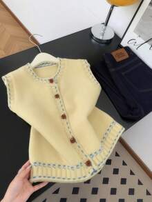 INAWLY Women's Casual Loose Knit Vest With Single-Breasted, Round Neck, Autumn