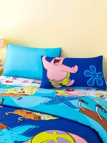 SpongeBob SquarePants | SHEIN 3pc Marine Animal Cartoon Print Quilt Set, Sanded Material, Soft And Warm, Blue Quilt Cover, Double-Sided Pattern, Multiple Sizes, Suitable For Single Bed/Double Bed/King Bed/King Bed,Gift Ideas - Blue - View 7