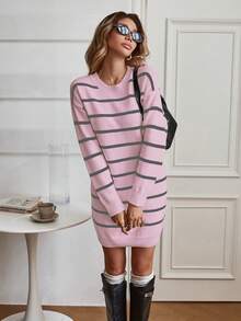 EMERY ROSE 女士黑白条纹套头毛衣连衣裙两件套 - 粉色 - 查看 5