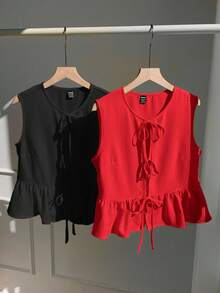 Comfortcana 2pcs Women's Summer Vacation Shirts, Red + White Blouses Peplum Tops Peplum Top Women Red Peplum Top Black Peplum Top Peplum Blouse - Black - View 5