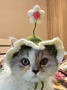 1PC Frog Knitted Pet Hat Adorable Cartoon Cat Cap For Small Dogs Cats Handmade Knit Headgear Cozy Stylish Pet Accessory Soft Warm Winter Photo Shoot Costume Party Christmas Halloween Outfit Fashion Cute Puppy Kitten Apparel Gift Idea Pet Lovers - Green flower - View 2