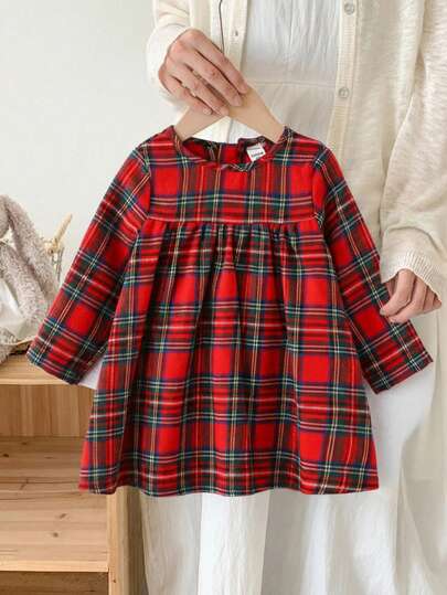 SHEIN LMoss Kids LMoss 女婴格子宽松休闲长袖连衣裙，秋冬女婴格子连衣裙