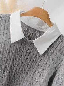 CosyJoli Plus Size Women Gray Twist Knit Sweater Collared Sweater Women Sweater Gray Sweater Cable Knit Sweater Sweater With Collar Cute Sweater In Fall/Winter