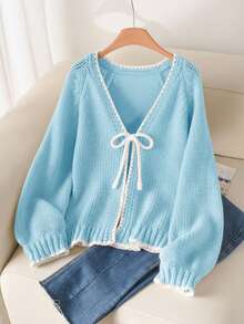 CosyJoli Sweater Kasual Ukuran Besar dengan Pita Ikat dan Trim Kontras, Kardigan/Musim Dingin - Biru - View 7