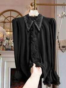 Modelyn Plus Size Women's Embroidered Pearl Beaded Collar Floral Long Sleeve Ruffle Lace Patchwork Elegant Blouse - Black - View 1