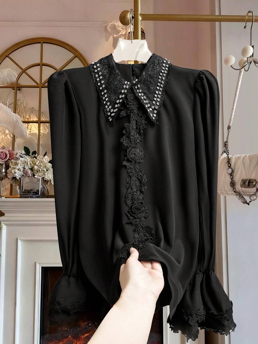 Modelyn Plus Size Women's Embroidered Pearl Beaded Collar Floral Long Sleeve Ruffle Lace Patchwork Elegant Blouse - Black - View 1