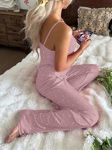 SHEIN 女士针织爱心印花吊带背心和短裤睡衣套装，性感百搭，适合所有季节 - 淺粉色 - 查看 6