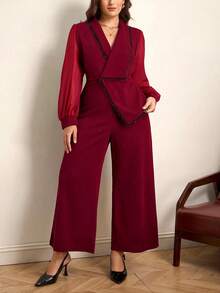 Chikora Plus Size Women's Elegant Lapel Long Sleeve Wide Leg Jumpsuit - Burgundy - View 5